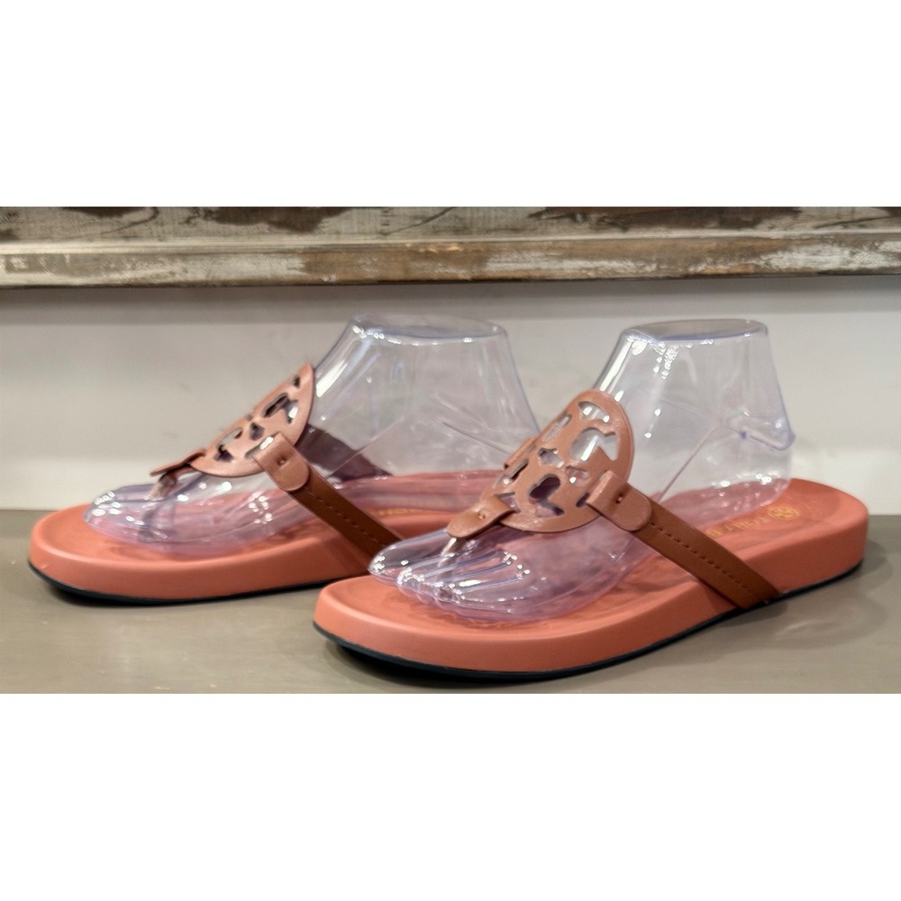 Tory Burch Miller Cloud Coral Tan Leather Logo Thong Platform Sandals Size 43 - Picture 3 of 6
